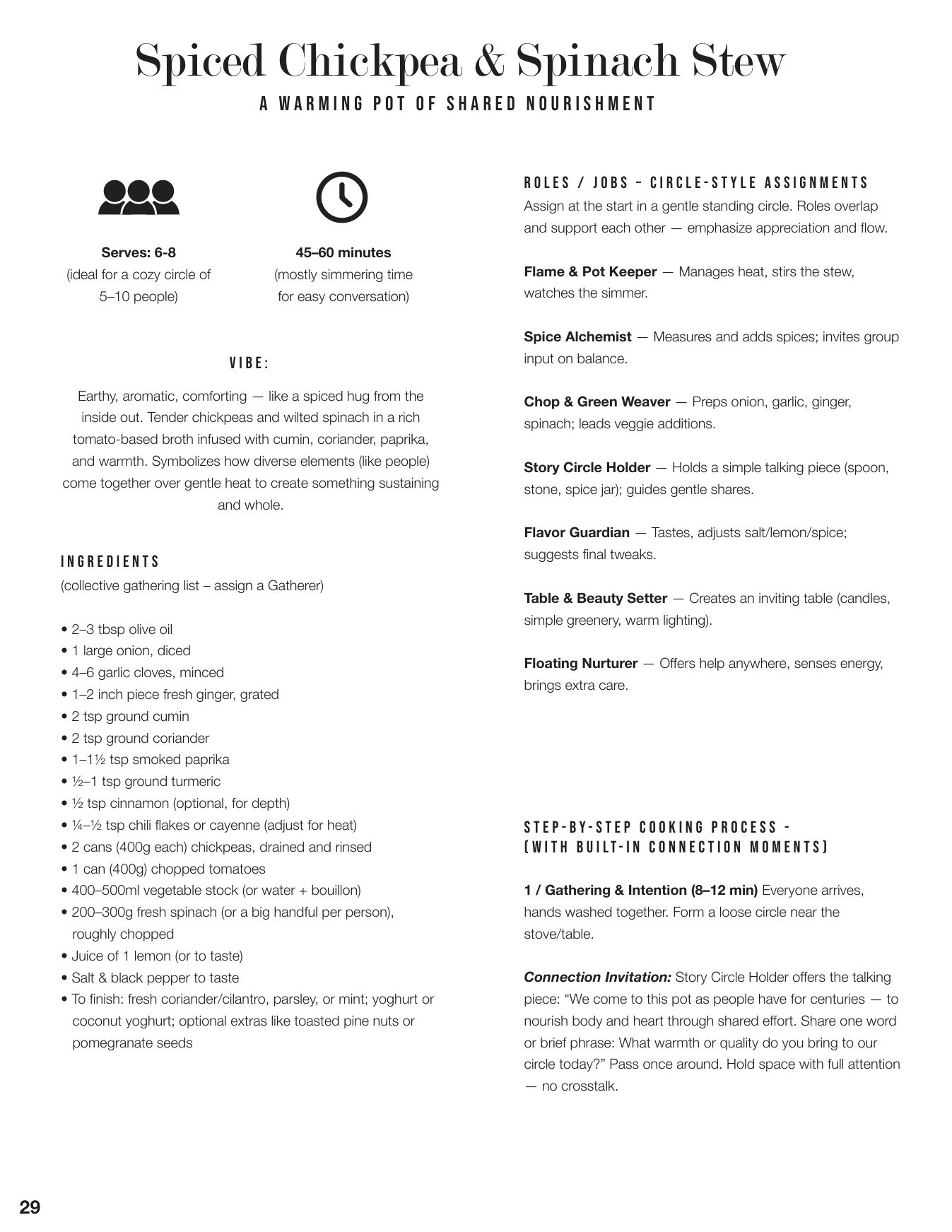 Spiced Chickpea & Spinach Stew — recipe page with Roles and Connection Invitations